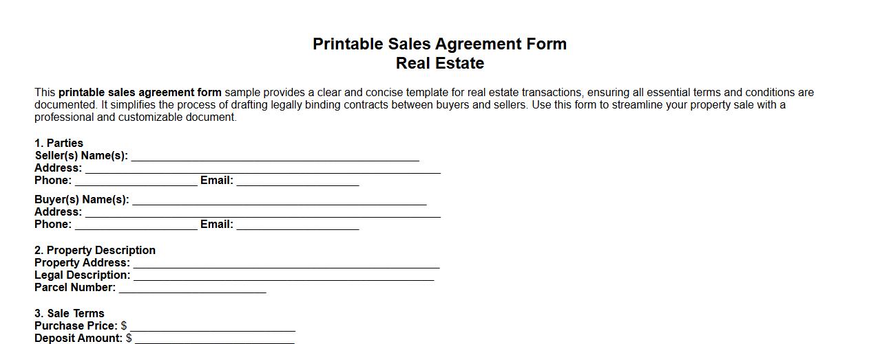 Printable sales agreement form sample for real estate image preview