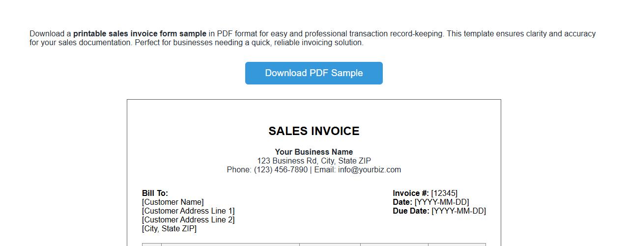 printable sales invoice form sample in PDF format image preview