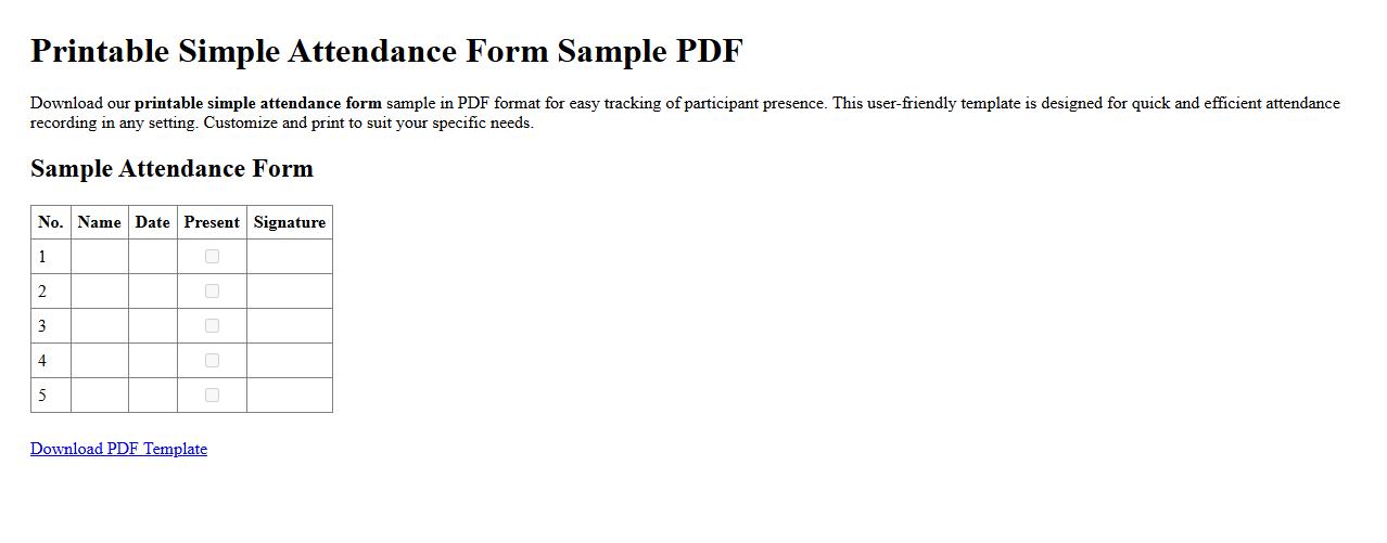 Printable simple attendance form sample PDF image preview