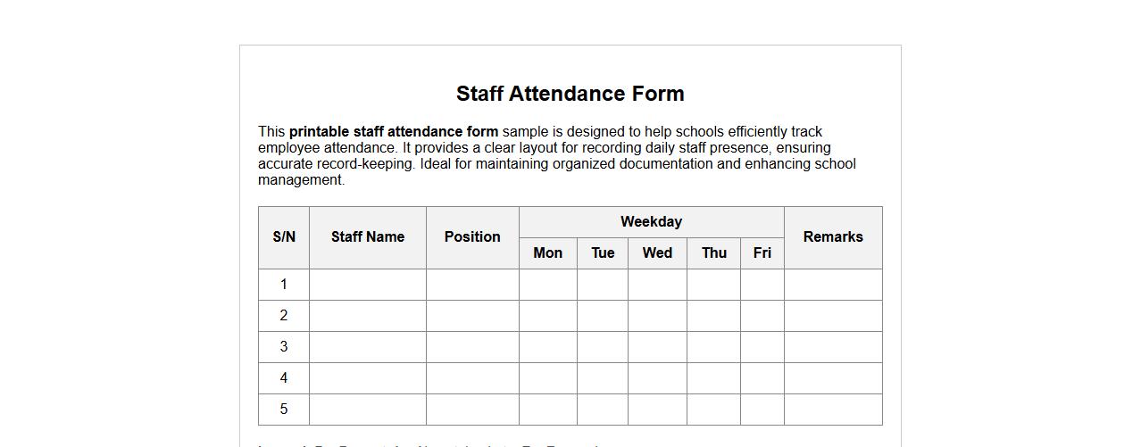Printable staff attendance form sample for schools image preview