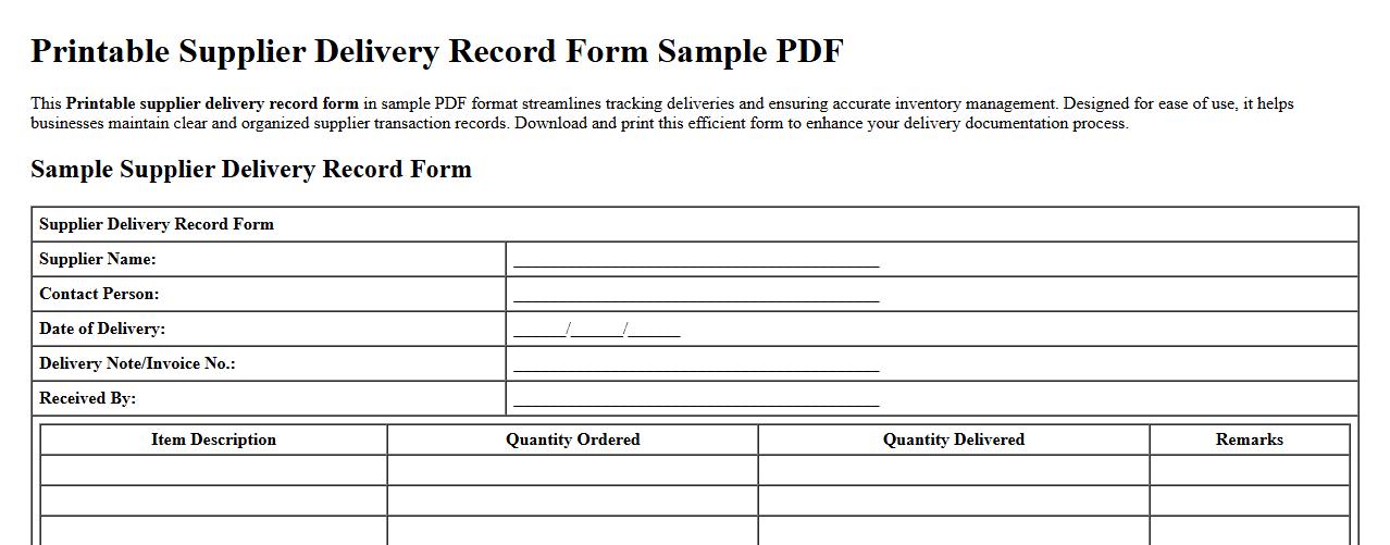 Printable supplier delivery record form sample PDF image preview