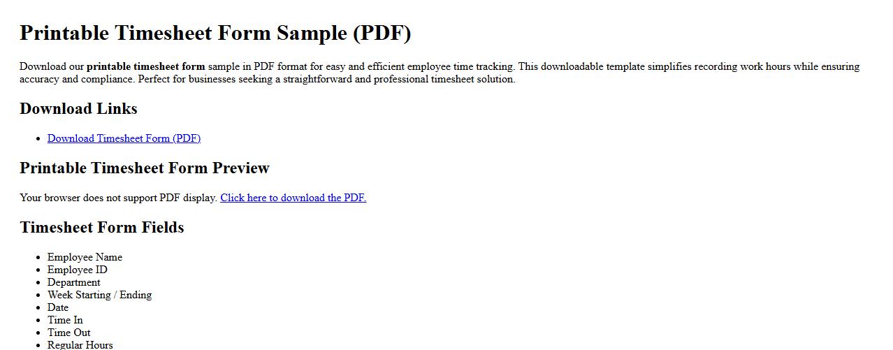 printable timesheet form sample in PDF format image preview