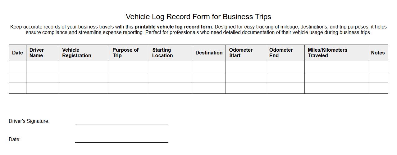 printable vehicle log record form sample for business trips image preview
