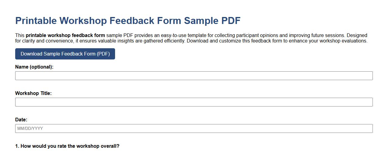 Printable workshop feedback form sample PDF image preview