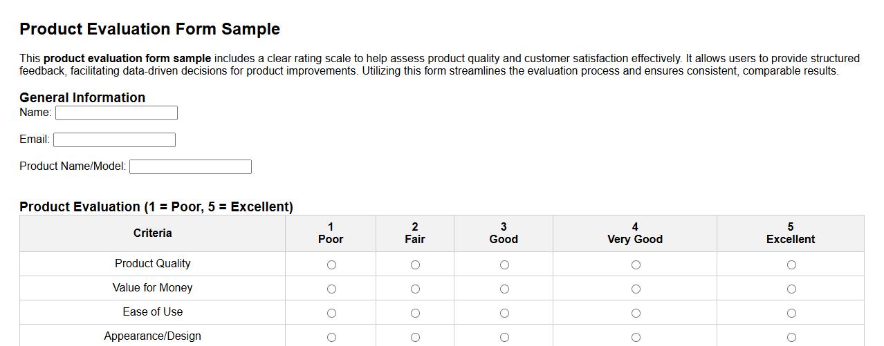 product evaluation form sample with rating scale image preview