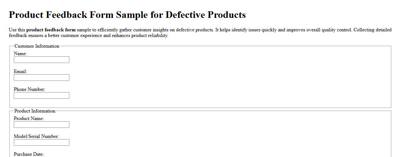 Product feedback form sample for defective products image preview