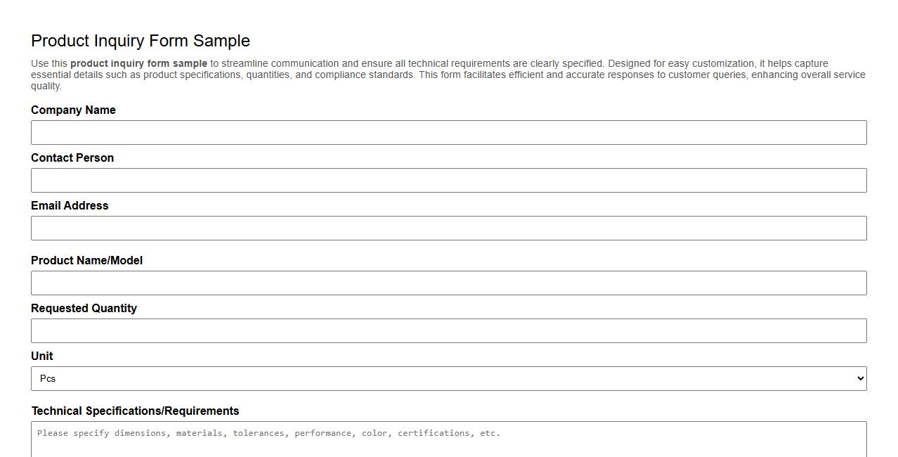 product inquiry form sample with technical requirements image preview