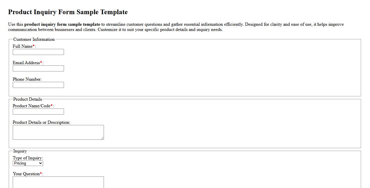 Product inquiry form sample template image preview