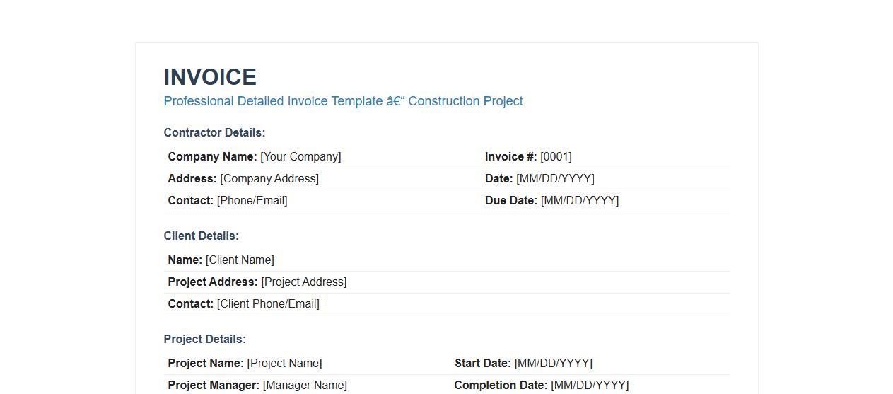 Professional detailed invoice template for construction projects image preview