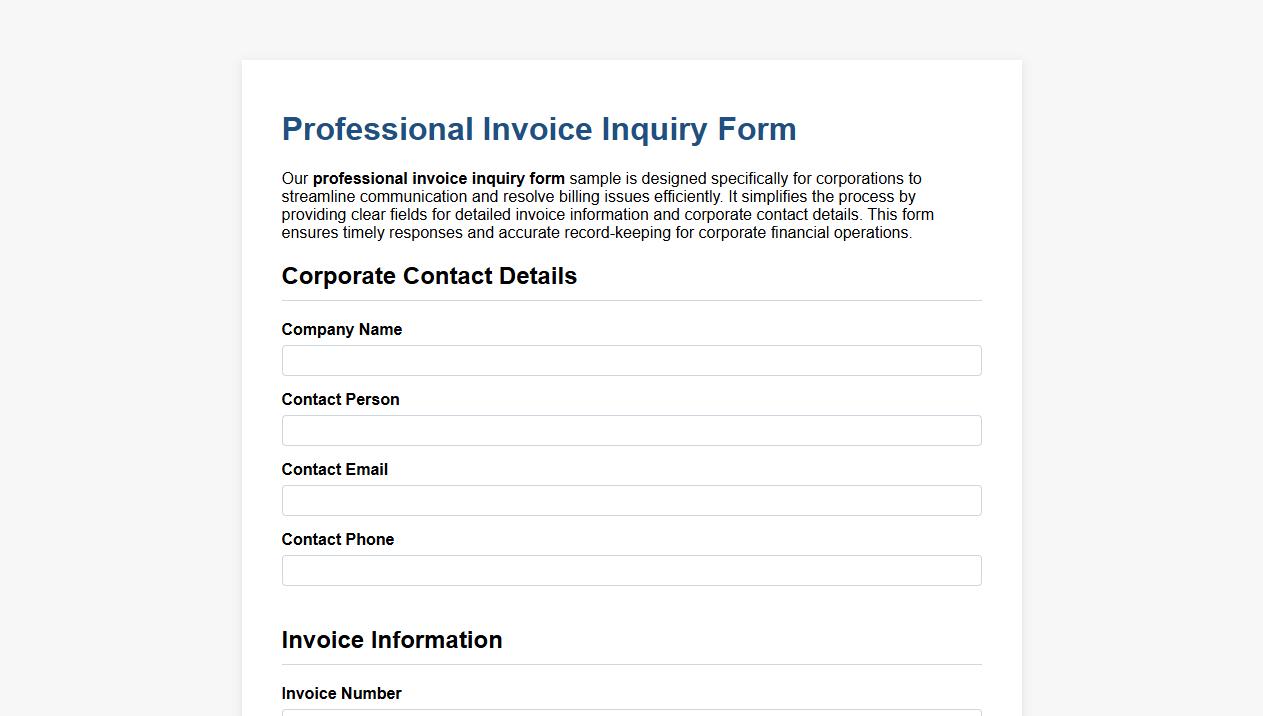 professional invoice inquiry form sample for corporations image preview
