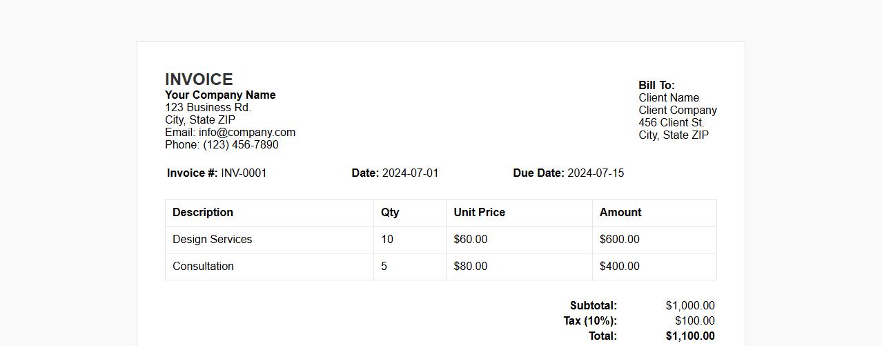 Professional invoice template with payment terms section image preview