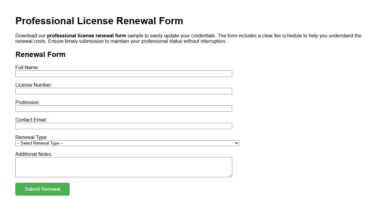 Professional license renewal form sample with fee schedule image preview