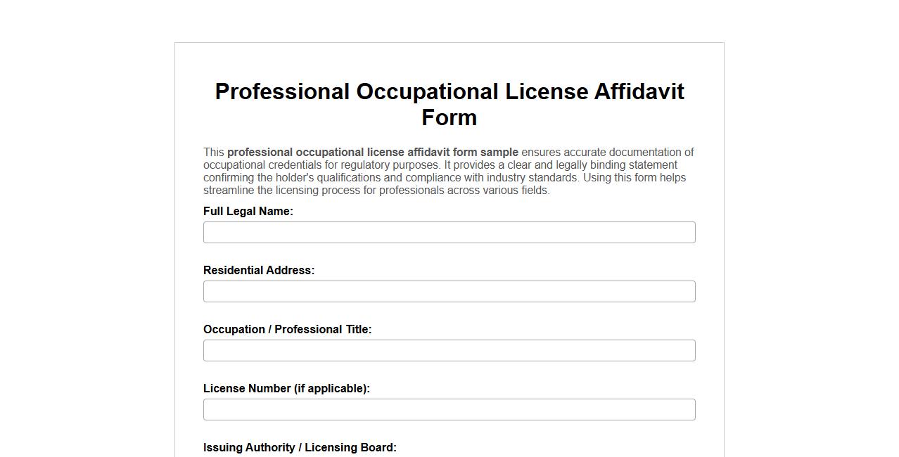 professional occupational license affidavit form sample image preview