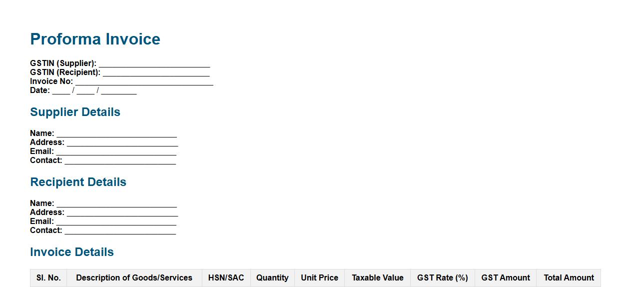Proforma invoice template with GST image preview