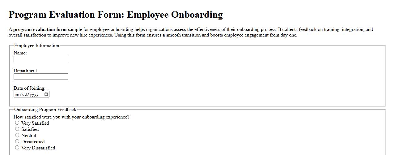 Program evaluation form sample for employee onboarding image preview
