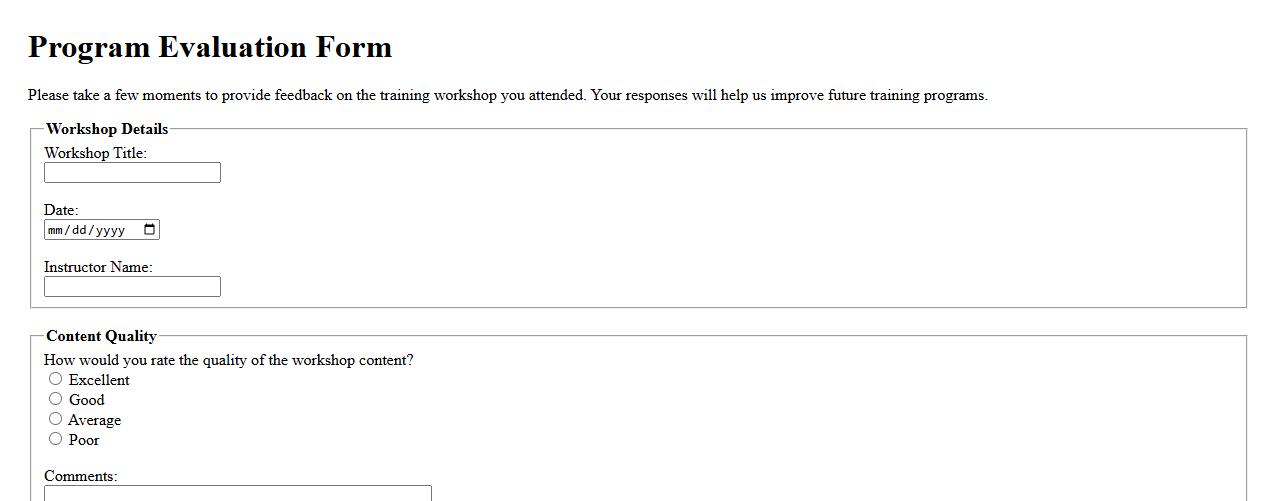 Program evaluation form sample for training workshops image preview