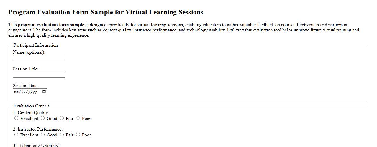 Program evaluation form sample for virtual learning sessions image preview