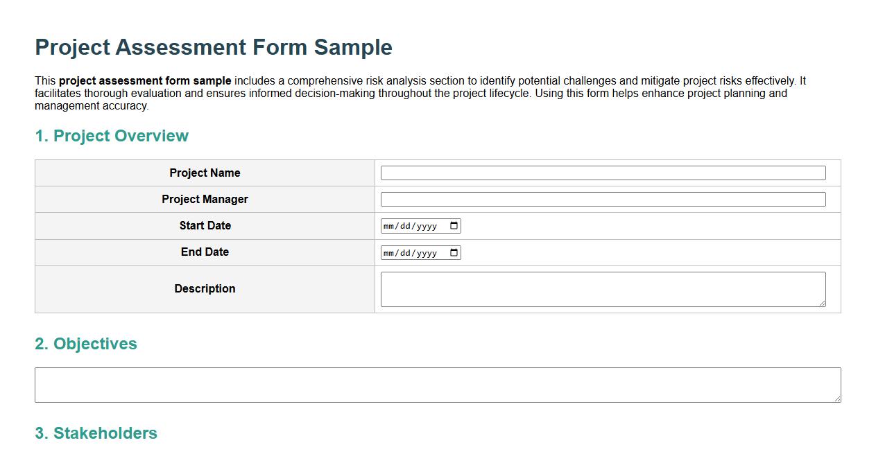 project assessment form sample with risk analysis section image preview
