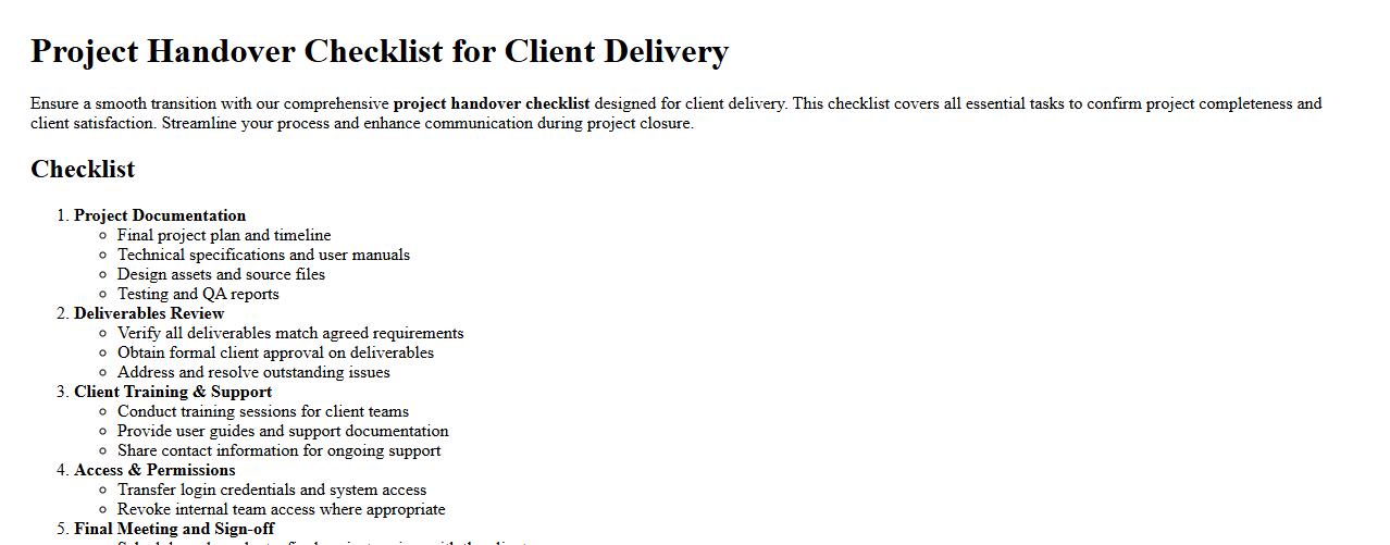 Project handover checklist for client delivery image preview