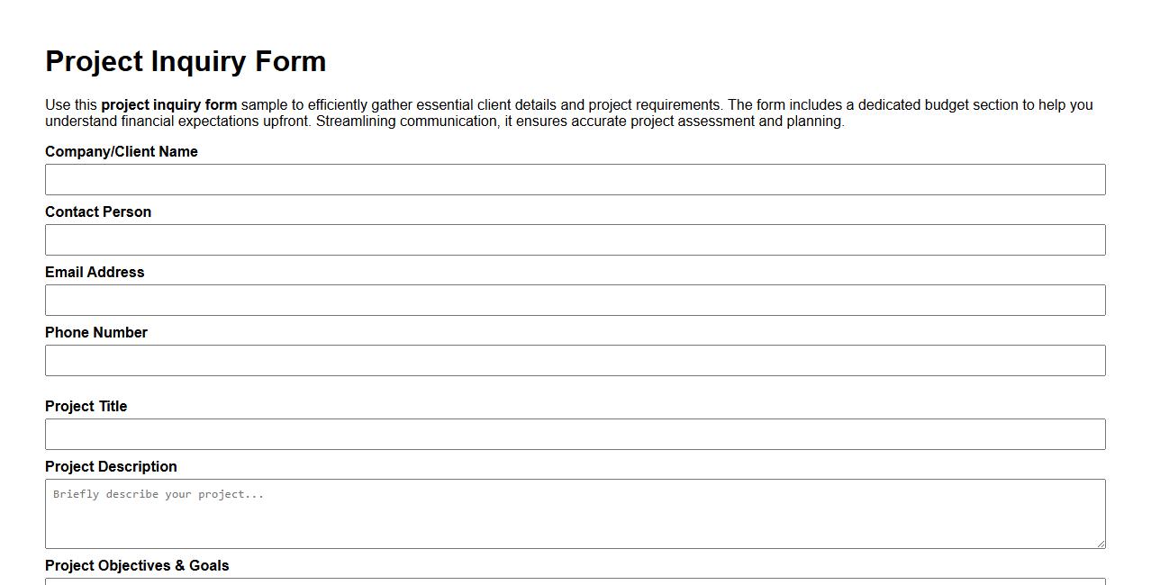 project inquiry form sample including budget section image preview