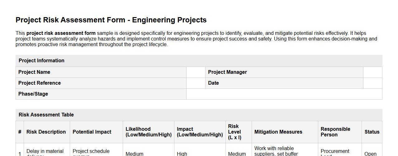 Project risk assessment form sample for engineering projects image preview