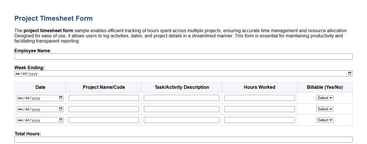 project timesheet form sample for multiple projects tracking image preview