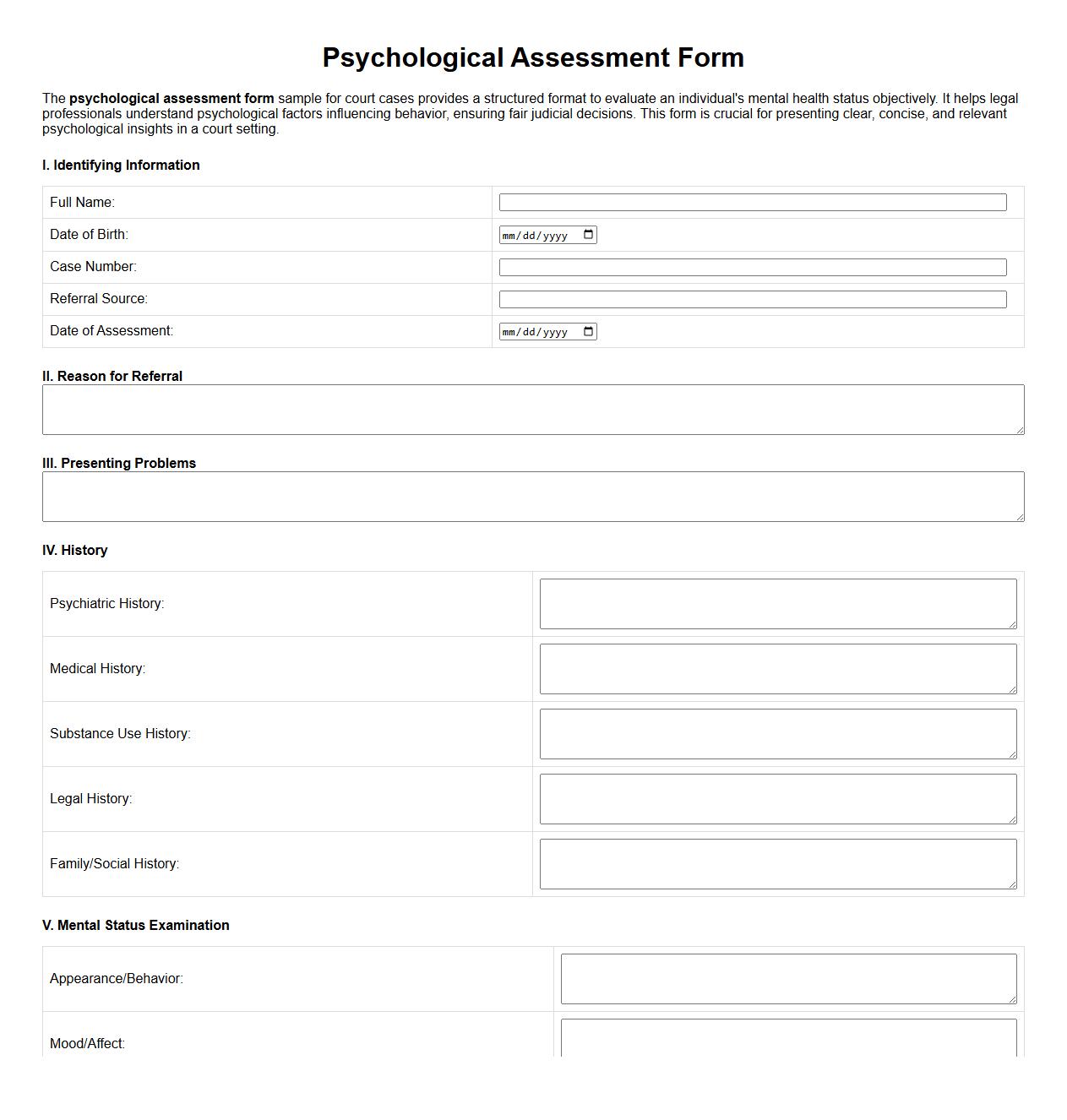 Psychological assessment form sample for court cases image preview