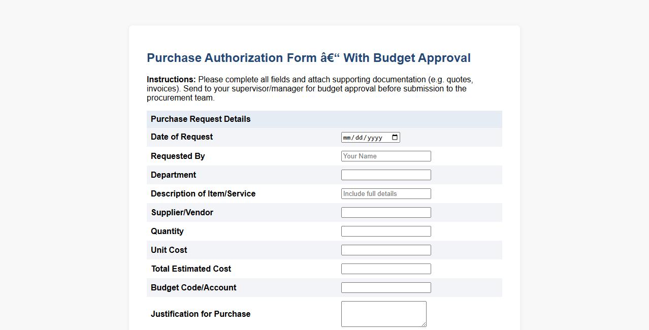 Purchase authorization form sample with budget approval image preview
