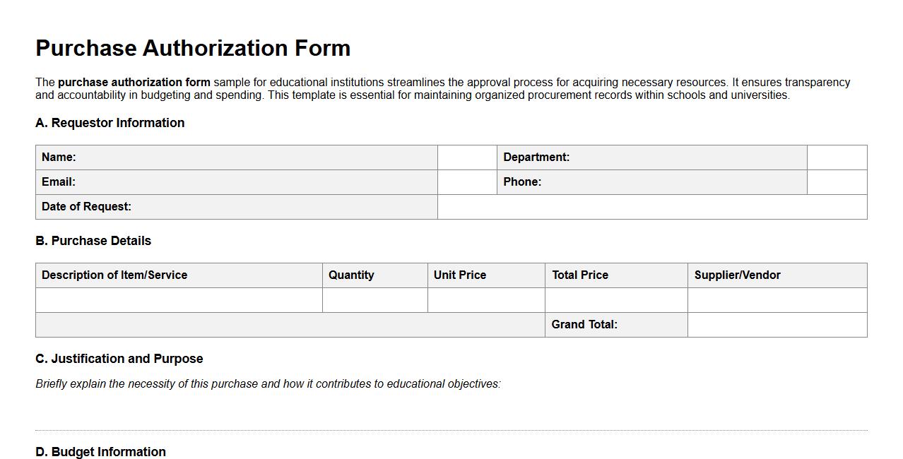 Purchase authorization form sample for educational institutions image preview