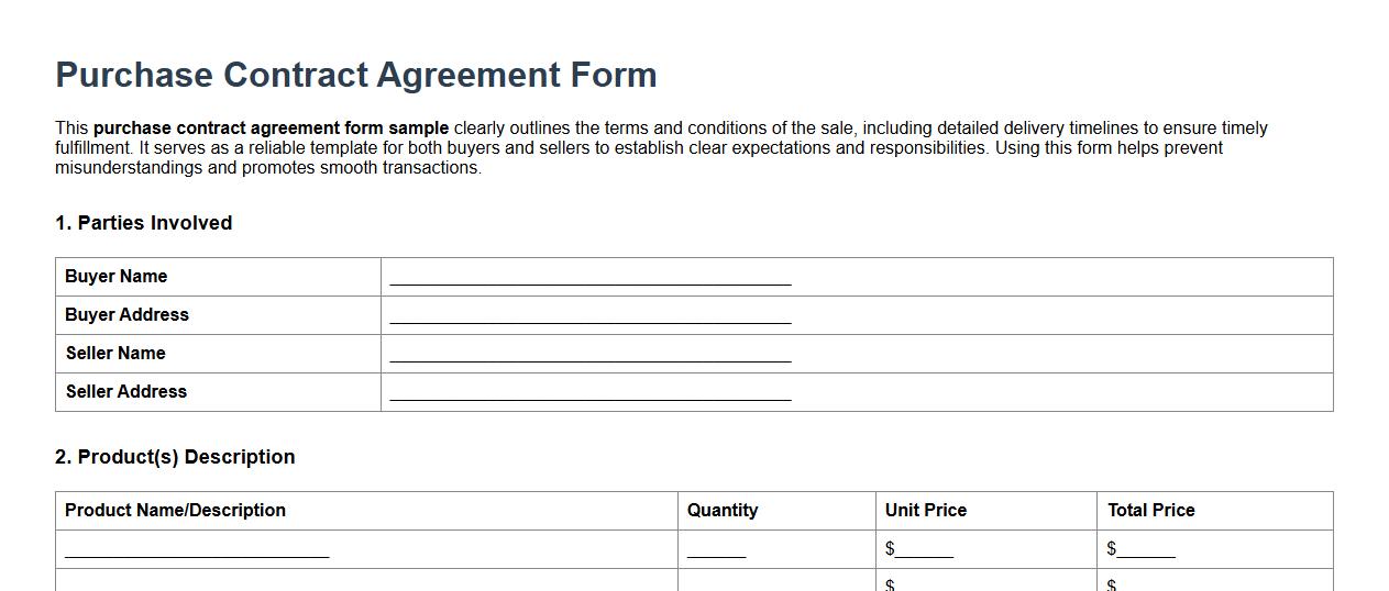 Purchase contract agreement form sample with delivery timelines image preview