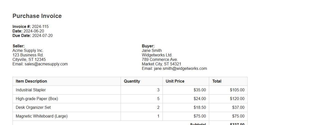Purchase invoice sample with itemized details image preview