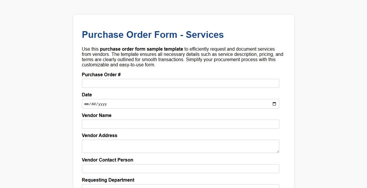 Purchase order form sample template for services image preview