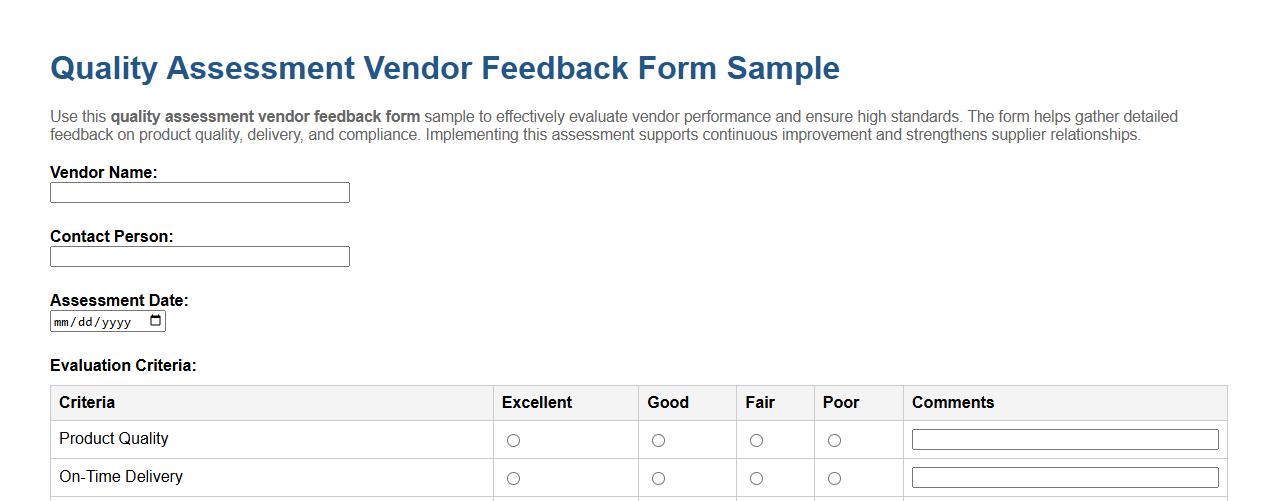 Quality assessment vendor feedback form sample image preview