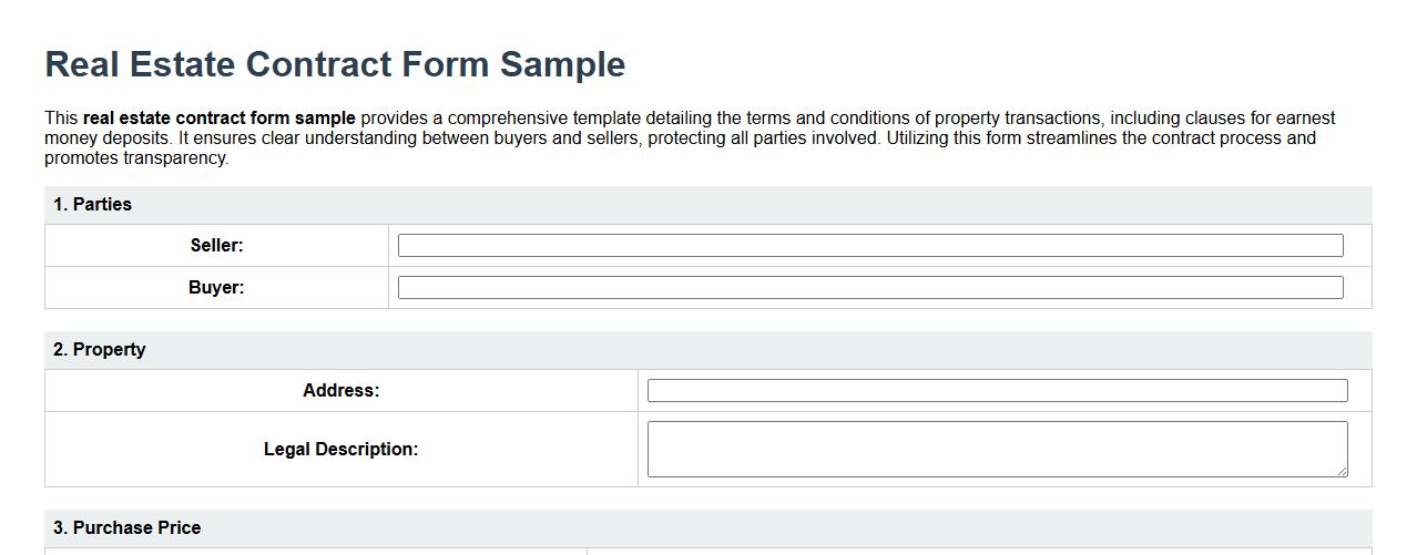 Real estate contract form sample including earnest money image preview
