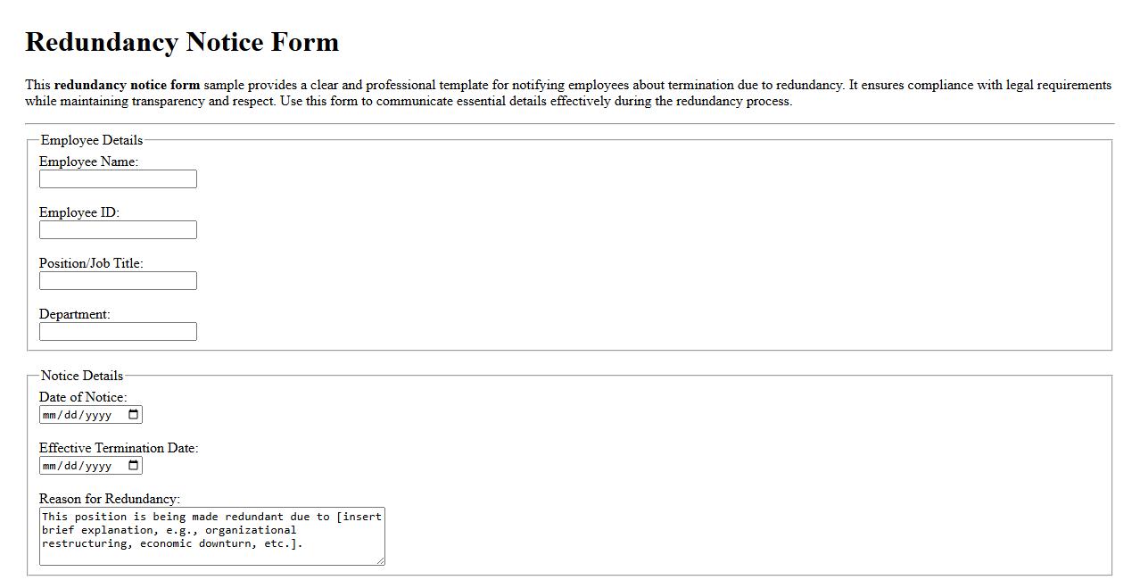 Redundancy notice form sample for employee termination image preview