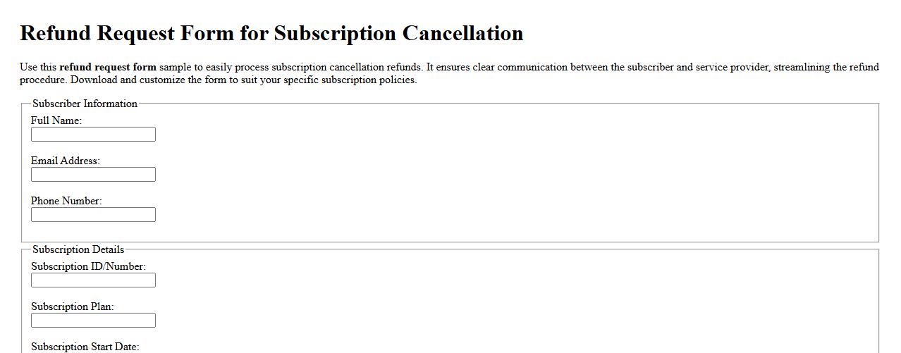 Refund request form sample for subscription cancellation image preview
