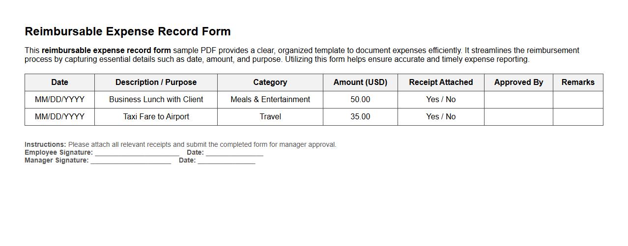 Reimbursable expense record form sample PDF image preview
