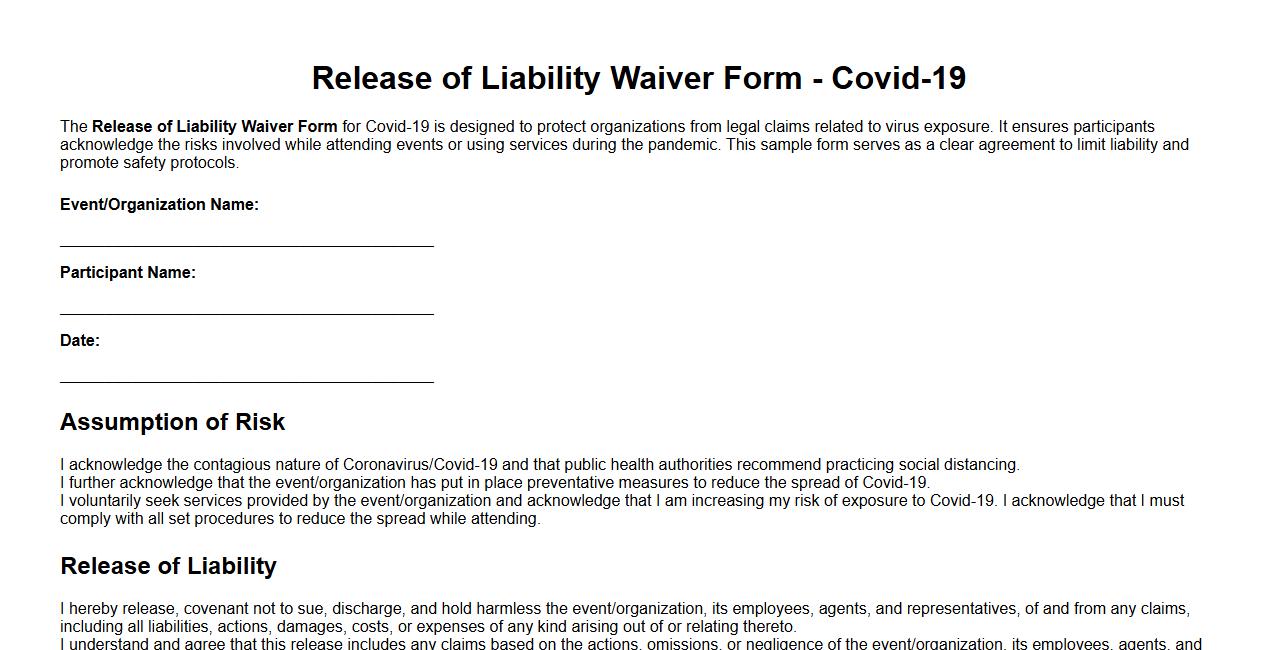 Release of liability waiver form sample for Covid-19 image preview
