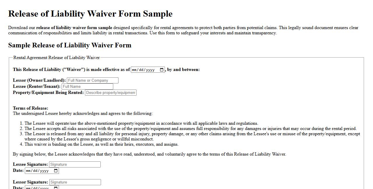 Release of liability waiver form sample for rental agreements image preview