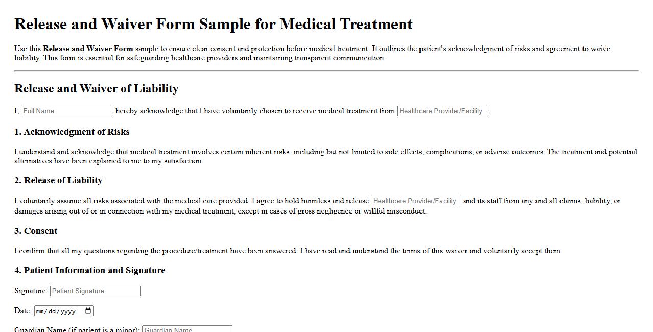 Release and Waiver Form Sample for Medical Treatment image preview