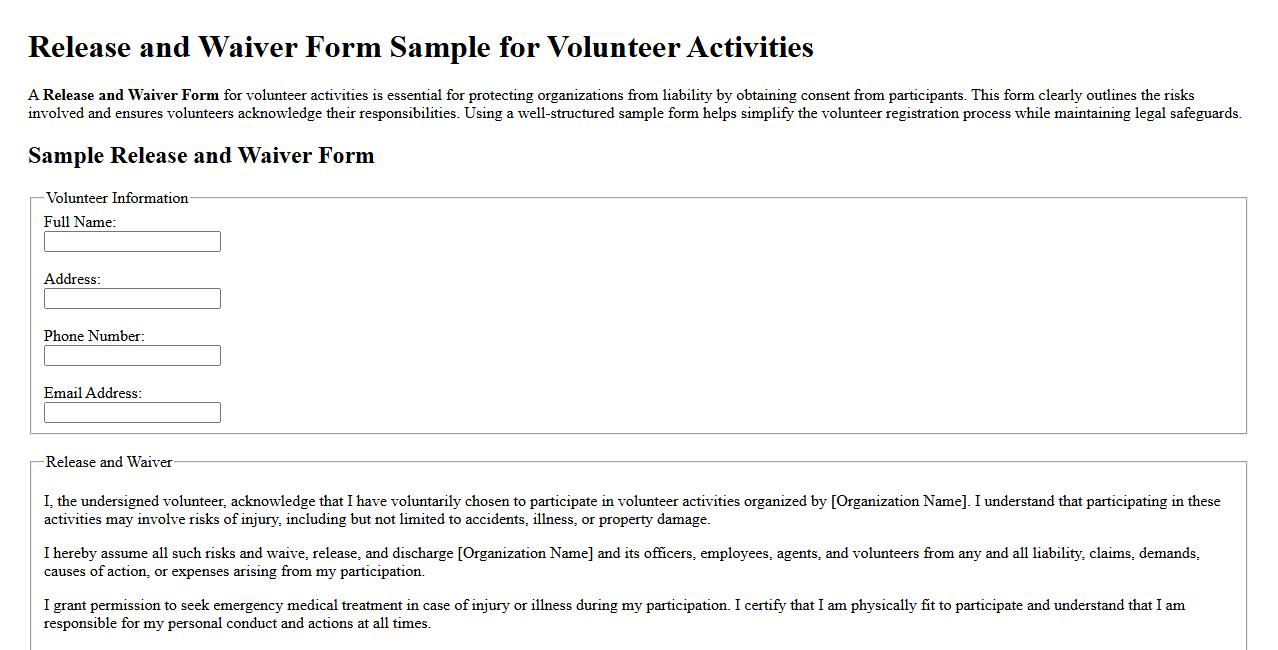 Release and Waiver Form Sample for Volunteer Activities image preview