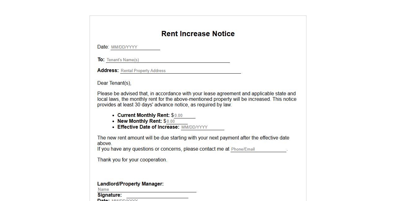 rent increase notice form sample with 30-day notice image preview