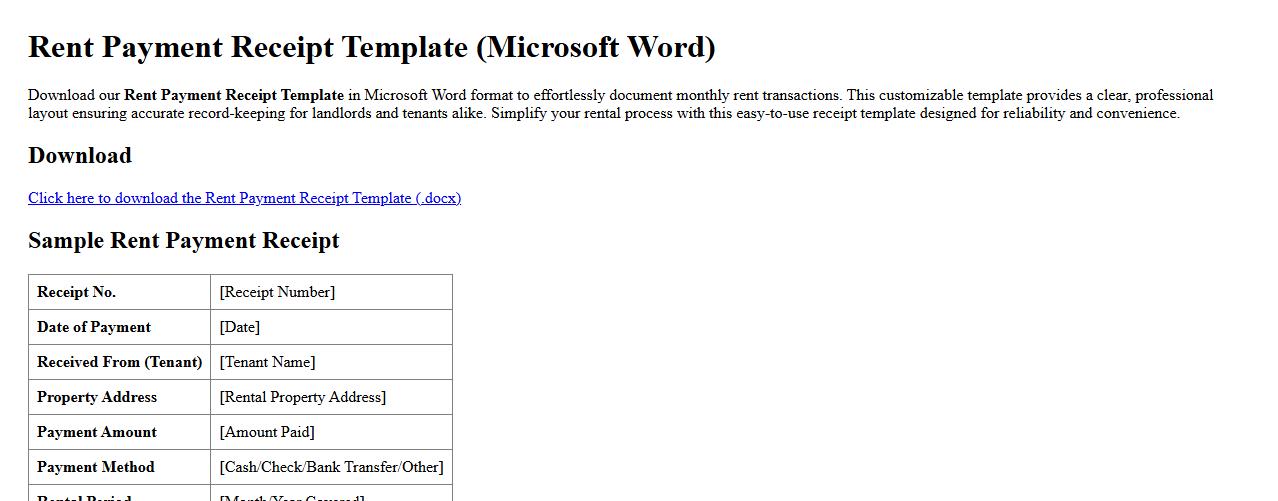 Rent payment receipt template in Microsoft Word format image preview