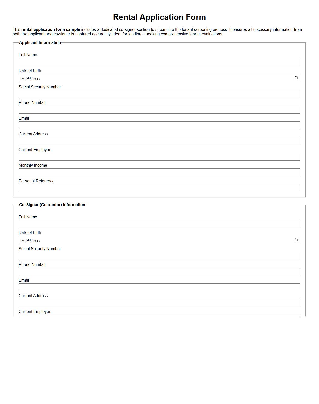 Rental application form sample with co-signer section image preview