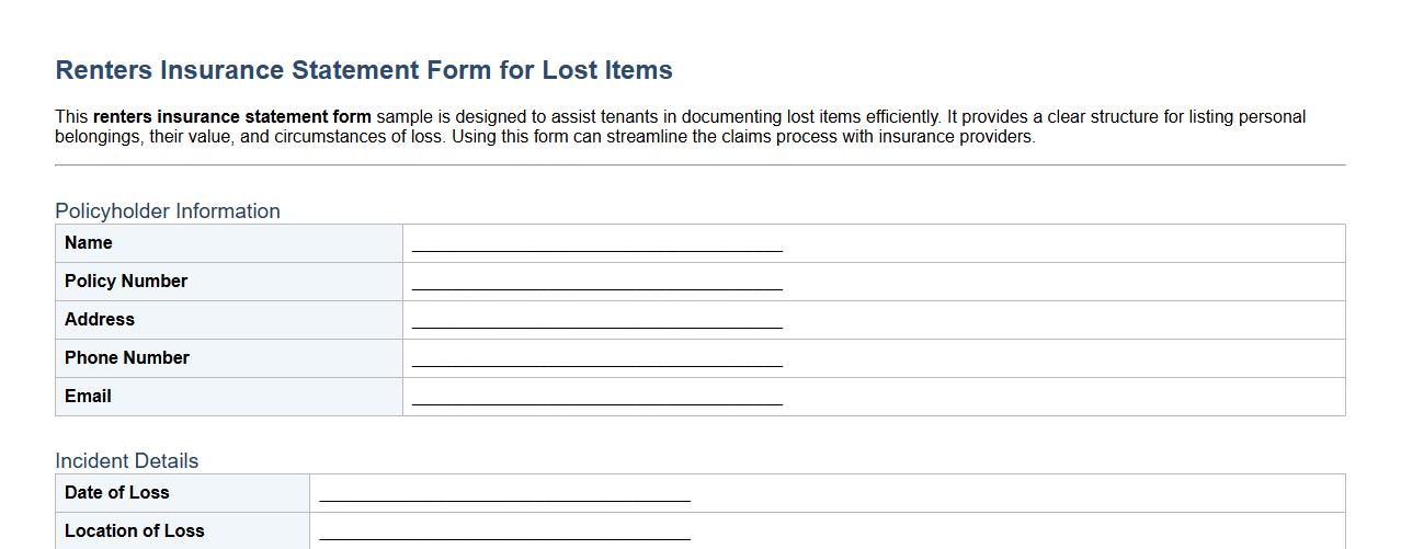 Renters insurance statement form sample for lost items image preview