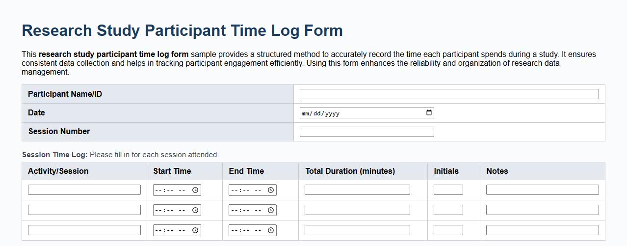 research study participant time log form sample image preview