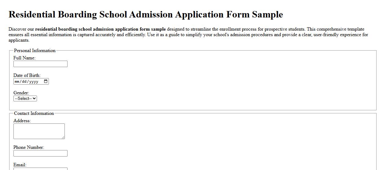 Residential boarding school admission application form sample image preview
