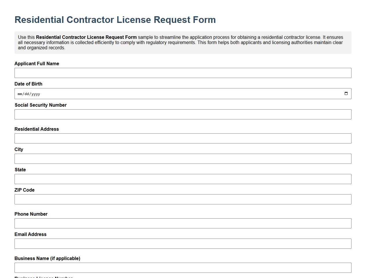 Residential contractor license request form sample image preview