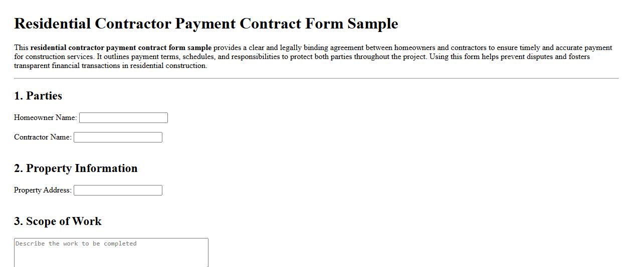residential contractor payment contract form sample image preview