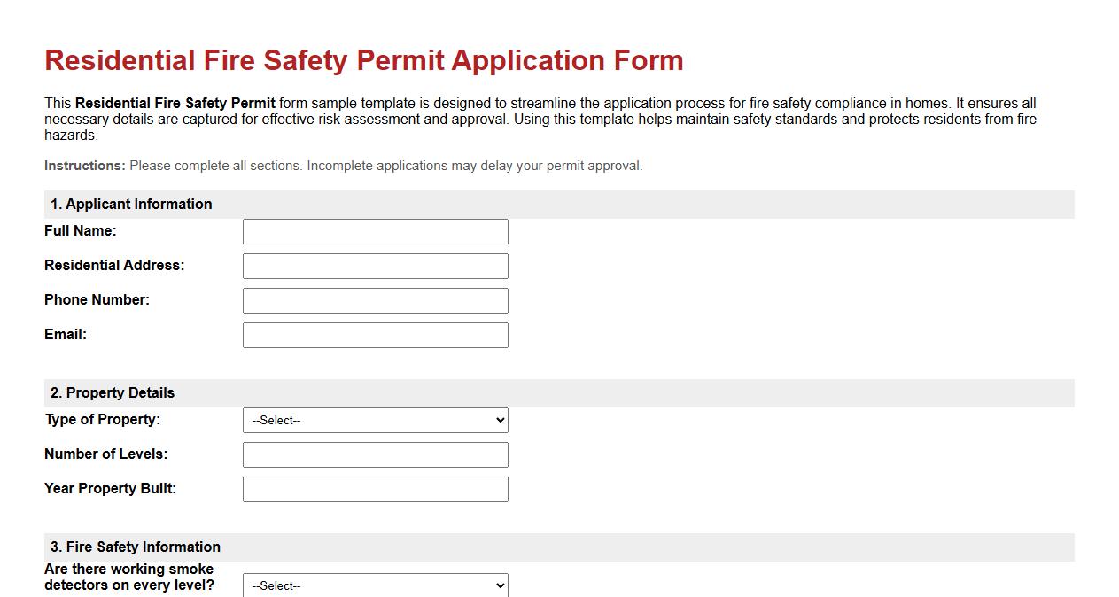 residential fire safety permit form sample template image preview